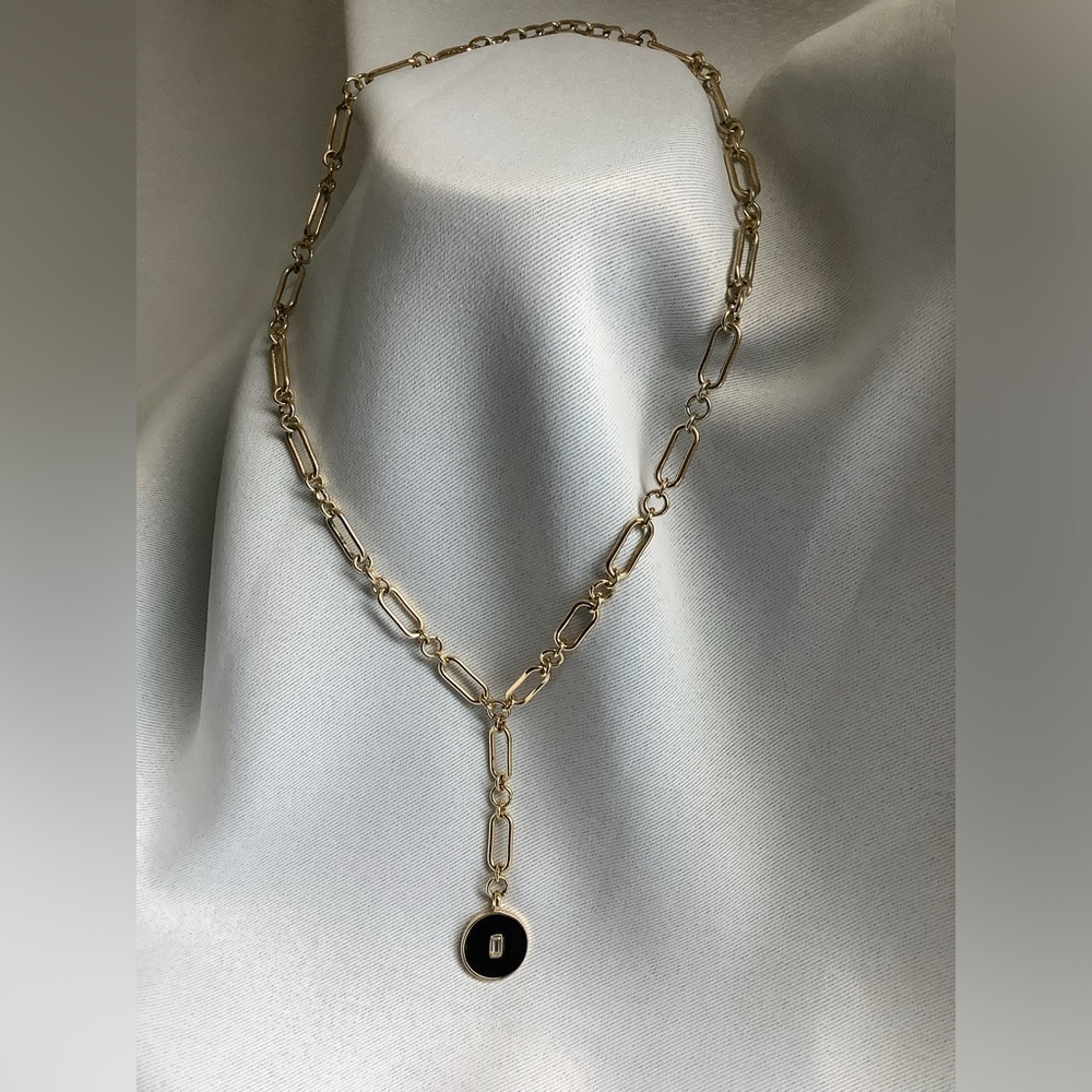 On 34th Black Enamel and Gold Y Necklace